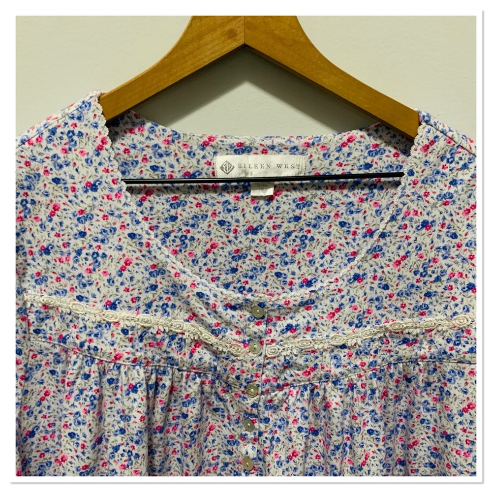 Eileen West White Long Floral Nightgown Pink Blue Size XL - Picture 3 of 8